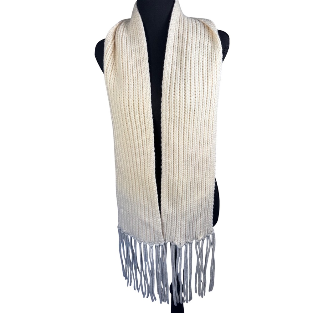 J Crew Scarf Women OS Cream Ribbed Wool Cashmere Fringe Winter Classic Luxury